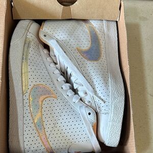 White Sneakers with Iridescent Melon Swoosh